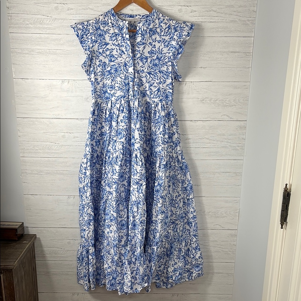 Olivaceous Blue and White Floral Midi Dress